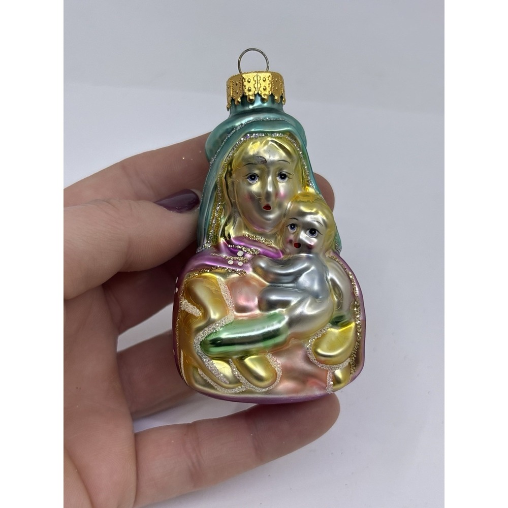 Madonna & Child Mother  Mary Baby Jesus Blown Glass Christmas Ornament 3"